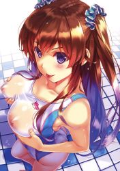 Rule 34 | 1girl, :p, absurdres, blush, breast lift, breasts, brown hair, comic aun, competition swimsuit, covered erect nipples, from above, highres, large breasts, looking at viewer, misaki kurehito, naughty face, nipples, non-web source, one-piece swimsuit, original, perspective, purple eyes, scan, scrunchie, see-through, grabbing own breast, solo, swimsuit, tile floor, tiles, tongue, tongue out, two side up