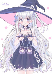 Rule 34 | 1girl, animal, bird, black hair, blush, bow, commentary request, cowboy shot, detached collar, dress, flower, frilled dress, frills, fruitsrabbit, grey hair, hair bow, hair flower, hair ornament, hat, highres, holding, long hair, looking at viewer, original, pleated dress, purple dress, purple eyes, purple headwear, sidelocks, simple background, smile, split mouth, two-sided fabric, two-sided headwear, very long hair, white background, white bow, witch hat