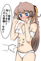 Rule 34 | 1girl, 1other, absurdres, bikini, blue eyes, blush, brown hair, commentary, cowboy shot, empty eyes, flat chest, gradient hair, highres, kantai collection, kazagumo (kancolle), kazagumo kai ni (kancolle), kazagumo kai ni (swimsuit mode) (kancolle), long hair, multicolored hair, navel, nose blush, ponytail, simple background, swimsuit, translated, tsuru (thunder tsuru), white background, white bikini