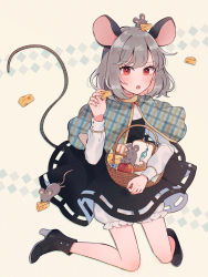 Rule 34 | 1girl, :o, animal, animal ears, animal on head, apple, basket, black dress, black footwear, bloomers, blue capelet, blush, bread, capelet, cheese, dress, eyelashes, fingernails, flat chest, food, fruit, full body, grey hair, highres, holding, holding basket, jewelry, long sleeves, looking at viewer, mouse (animal), mouse ears, mouse tail, mozukuzu (manukedori), nazrin, on head, open mouth, pendant, red eyes, short hair, solo, tail, touhou, twitter username, underwear