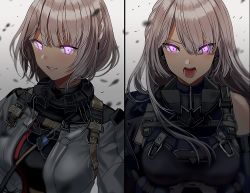 Rule 34 | 2girls, ak-15 (girls&#039; frontline), bare shoulders, braid, commentary, commission, english commentary, girls&#039; frontline, glowing, glowing eyes, grin, long hair, looking at viewer, mask, mask around neck, multiple girls, open mouth, pink eyes, rpk-16 (girls&#039; frontline), short hair, silence girl, silver hair, smile, split screen, strap, tactical clothes, upper body
