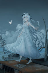 Rule 34 | 1girl, :d, bare arms, bare shoulders, barefoot, beach, black bow, blue eyes, bottle, bow, breasts, bug, butterfly, car, chihuri, cleavage, cloud, commentary request, dress, flower, grey sky, hair between eyes, hair bow, head wreath, highres, holding, holding bottle, horizon, insect, long hair, looking at viewer, medium breasts, motor vehicle, ocean, open mouth, original, outdoors, sand, silver hair, sky, sleeveless, sleeveless dress, smile, solo, standing, transmission tower, very long hair, water, white dress, white flower, wreckage