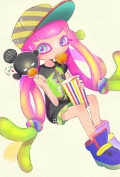 Rule 34 | 1girl, baseball cap, black shirt, blonde hair, blue eyes, blue footwear, clownfish, colored eyelashes, feeding, fish, green eyes, green skirt, hand up, harmony&#039;s clownfish (splatoon), harmony (splatoon), hat, highres, light green hair, long hair, low twintails, miniskirt, multicolored clothes, multicolored eyes, multicolored hair, multicolored headwear, nintendo, no eyebrows, no nose, oversized clothes, oversized shirt, pink hair, shirt, shoes, short sleeves, sitting, skirt, splatoon (series), splatoon 3, striped clothes, striped headwear, tentacle hair, tropical fish, twintails