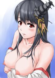 Rule 34 | 10s, 1girl, bad id, bad pixiv id, bare shoulders, black hair, blush, breasts, detached sleeves, fusou (kancolle), hair ornament, highres, japanese clothes, kantai collection, large breasts, long hair, nipples, personification, red eyes, solo, usfdive