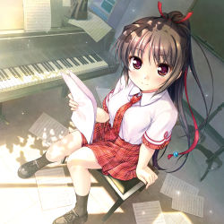 Rule 34 | 10s, 1girl, bekkankou, bench, brown hair, daitoshokan no hitsujikai, highres, holding, holding paper, instrument, loafers, long hair, looking at viewer, music stand, necktie, on bench, paper, papers, piano, plaid, plaid necktie, plaid neckwear, plaid skirt, sakuraba tamamo, school uniform, sheet music, shoes, sitting, skirt, smile, socks, solo
