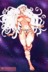 Rule 34 | 1girl, bbc-chan, big hair, bracelet, breasts, choker, commentary, dark areolae, dark nipples, female pubic hair, floating, full body, glowing, glowing eyes, glowing hair, glowing tattoo, highres, jewelry, large breasts, lips, long hair, making-of available, nail polish, navel, nipples, nude, original, pointy ears, pubic hair, pussy, red lips, red nails, solo, space, tattoo, tiara, toenail polish, toenails, toes, toned, uncensored, very long hair, white hair
