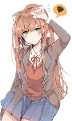 Rule 34 | 1girl, arms up, azna, blazer, blue skirt, blush, bow, brown hair, doki doki literature club, green eyes, hair between eyes, hair bow, hair ribbon, highres, jacket, long hair, long sleeves, looking at viewer, monika (doki doki literature club), open clothes, open jacket, orange vest, pleated skirt, ponytail, red jacket, red sweater vest, ribbon, school uniform, shirt, simple background, sitting, skirt, solo, sweatdrop, sweater vest, tears, very long hair, vest, white background, white bow, white ribbon, white shirt