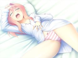 Rule 34 | 1girl, bed, blush, bottomless, closed eyes, drooling, faint tone, fummy, game cg, hand on head, lying, naruse suzume, open mouth, pajamas, panties, pink hair, reon (company), shirt, solo, striped clothes, striped panties, tagme, underwear, yawning, yu-ta