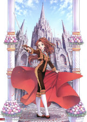 Rule 34 | 1girl, absurdres, architecture, brown hair, building, cape, church, cloud, ascot, cropped jacket, cross, day, earrings, flat chest, flower, full body, gothic architecture, green eyes, hair ribbon, happy, highres, jewelry, long hair, nardack, original, petals, ponytail, rapier, ribbon, sable, shoes, sky, smile, solo, sword, teeth, very long hair, weapon