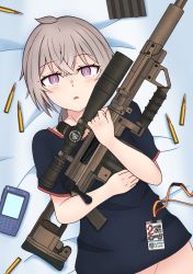 Rule 34 | 1girl, absurdres, ammunition, anti-materiel rifle, bed, blue shirt, blush, bolt action, bottomless, cheytac m200, cowlick, girls&#039; frontline, gotoo, gun, highres, holding, holding gun, holding weapon, id card, lanyard, looking at viewer, low ponytail, lying, m200 (girls&#039; frontline), magazine (weapon), on back, on bed, open mouth, pink eyes, rifle, scope, shirt, short sleeves, sidelocks, silver hair, sniper rifle, solo, weapon