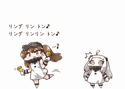Rule 34 | 2girls, abyssal ship, ahoge, alternate costume, bell, brown eyes, brown hair, comic, cosplay, dress, horns, kantai collection, long hair, mittens, multiple girls, musical note, northern ocean hime (cosplay), northern ocean princess, open mouth, quaver, red eyes, ryuujou (kancolle), sleeveless, sleeveless dress, tanaka kusao, white dress, white hair