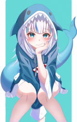 Rule 34 | 1girl, absurdres, animal costume, animal hood, arm between legs, blue eyes, blue hair, blue hoodie, blunt bangs, blush, fang, fins, fish tail, gawr gura, gawr gura (1st costume), grey hair, head rest, highres, hololive, hololive english, hood, hood up, hoodie, invisible chair, long hair, long sleeves, looking at viewer, multicolored hair, no pants, rin (rin illust 0805), shark costume, shark girl, shark hood, shark tail, sitting, skin fang, solo, streaked hair, tail, virtual youtuber, wide sleeves