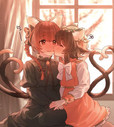 Rule 34 | 2girls, absurdres, animal ears, backlighting, bloom, blunt bangs, blurry, blurry background, blush, bow, bowtie, braid, brooch, brown hair, cat ears, cat girl, cat tail, chen, closed eyes, curtains, depth of field, dress, earrings, extra ears, friends, full-face blush, gem, gold trim, heart, heart tail, highres, holding hands, jewelry, kaenbyou rin, licking, licking another&#039;s face, light particles, masanaga (tsukasa), multiple girls, multiple tails, nekomata, profile, puffy sleeves, red dress, red eyes, red hair, short hair, single earring, sitting, spoken heart, tail, touhou, tree, twin braids, two tails, white bow, white bowtie, window, yuri