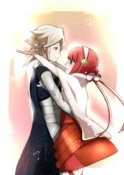Rule 34 | 1boy, 1girl, artist request, bow, cape, corrin (fire emblem), corrin (male) (fire emblem), eye contact, fire emblem, fire emblem fates, hair bow, happy, headband, hetero, hug, looking at another, nintendo, pink hair, red eyes, red hair, ribbon, sakura (fire emblem), smile, source request, white hair