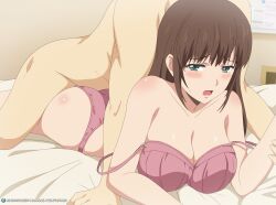 Rule 34 | 1boy, 1girl, ass, bedroom, blush, bra, breasts, brown hair, commentary, domestic na kanojo, double strap slip, english commentary, eufoniuz, furrowed brow, green eyes, head out of frame, hetero, highres, indoors, large breasts, long hair, on bed, open mouth, paid reward available, panties, pink bra, pink panties, prone bone, sex from behind, subscribestar logo, subscribestar username, tachibana hina, underwear, underwear only