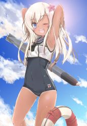 Rule 34 | 10s, 1girl, blonde hair, blue eyes, flower, hair flower, hair ornament, kantai collection, lifebuoy, long hair, one-piece swimsuit, one eye closed, ro-500 (kancolle), school swimsuit, smile, solo, swim ring, swimsuit, swimsuit under clothes, tan, tanline, torpedo, wink, yumesato makura