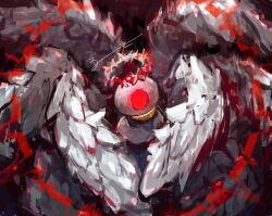 Rule 34 | angel wings, aoruuto, blood, commentary request, embryo, feathered wings, glowing, glowing eyes, halo, lobotomy corporation, monster, multiple wings, no humans, project moon, red eyes, signature, white wings, whitenight (project moon), wings