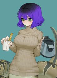 Rule 34 | 1girl, artist name, black hair, blush, bottomless, commentary, cup, electric kettle, english commentary, fingernails, green eyes, hair between eyes, highres, indie virtual youtuber, kettle, lamia, monster girl, multicolored hair, original, podone, purple hair, scales, slit pupils, solo, sparrowl, spill, sweater, turtleneck, turtleneck sweater, virtual youtuber