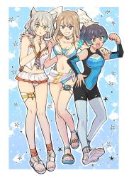 Rule 34 | 3girls, arm around shoulder, bikini, bikini skirt, blue hair, breasts, chest jewel, cleavage, detached sleeves, eunie (xenoblade), fiery hair, glowing lines, grey hair, head wings, light blush, looking at viewer, medium hair, mio (xenoblade), multiple girls, navel, official alternate costume, open mouth, sarong, sena (xenoblade), short hair, smile, star (symbol), stomach, sudachips, swimsuit, thighlet, wings, xenoblade chronicles (series), xenoblade chronicles 3