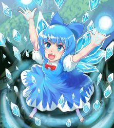 Rule 34 | 1girl, :d, absurdres, arms up, barefoot, blue bow, blue dress, blue eyes, blue hair, bow, cirno, commentary, dress, from above, hair bow, highres, ice, ice wings, open mouth, profitshame, puffy short sleeves, puffy sleeves, red bow, red neckwear, short sleeves, smile, solo, touhou, wings