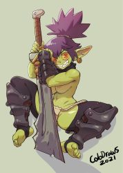 Rule 34 | 1girl, armor, black thighhighs, blush, breasts, collar, colo (nagrolaz), colored sclera, colored skin, commentary, commission, crazy smile, dark areolae, ear piercing, earrings, english commentary, female goblin, fingernails, full body, goblin, greaves, green skin, highres, hoop earrings, huge weapon, jewelry, loincloth, long pointy ears, looking at viewer, medium breasts, nose blush, orange eyes, original, piercing, planted, planted sword, planted weapon, pointy ears, purple hair, sharp fingernails, sharp teeth, sharp toenails, shortstack, smile, soles, solo, spiked collar, spikes, stirrup legwear, sword, teeth, thick thighs, thighhighs, thighs, toeless legwear, toenails, toned, topknot, topless, weapon, yellow sclera