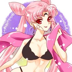 1girl aged_up bishoujo_senshi_sailor_moon black_lady_(sailor_moon) breasts cape chibi_usa cleavage earrings jewelry large_breasts lips long_hair looking_at_viewer pink_eyes pink_hair shirataki_kaiseki twintails very_long_hair