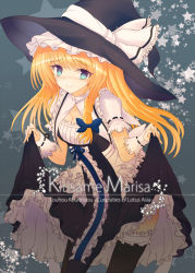 Rule 34 | 1girl, black dress, black thighhighs, blonde hair, blue bow, blue eyes, blush, bow, braid, breasts, character name, cleavage, closed mouth, clothes lift, copyright name, cowboy shot, curiosities of lotus asia, dress, dress lift, frilled dress, frilled thighhighs, frills, hair bow, hat, hat ribbon, kirisame marisa, leaning forward, lifting own clothes, long hair, looking at viewer, nose blush, ribbon, side braid, small breasts, smile, solo, thighhighs, touhou, white ribbon, witch hat, wrist cuffs, yodori