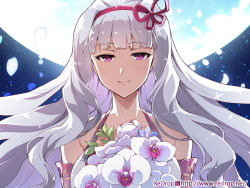 Rule 34 | 1girl, bouquet, floating hair, flower, hairband, idolmaster, idolmaster (classic), long hair, looking at viewer, moon, redrop, shijou takane, silver hair, smile, solo, upper body