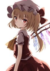 Rule 34 | 1girl, ascot, blonde hair, collared shirt, crystal, flandre scarlet, frilled shirt collar, frills, from side, hat, hat ribbon, highres, looking at viewer, mob cap, natsume suzuri, one side up, puffy short sleeves, puffy sleeves, red eyes, red skirt, red vest, ribbon, shirt, short hair, short sleeves, side ponytail, skirt, skirt set, solo, touhou, vest, white background, white shirt, wings, yellow ascot