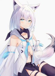 Rule 34 | 1girl, animal ear fluff, animal ears, black bow, black shorts, black thighhighs, blue neckerchief, blush, bow, braid, breasts, closed mouth, collarbone, commentary request, detached sleeves, earrings, fox ears, fox girl, fox tail, green eyes, hair between eyes, hair bow, highres, hololive, hood, hood down, hoodie, hoop earrings, jewelry, long hair, looking at viewer, low ponytail, navel, neckerchief, pentagram, revision, shirakami fubuki, shirakami fubuki (1st costume), short shorts, shorts, sidelocks, simple background, single braid, single earring, single thighhigh, sisoha, sitting, small breasts, smile, solo, tail, thigh strap, thighhighs, virtual youtuber, white background, white hair, white hoodie, yokozuwari