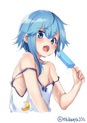 Rule 34 | 1girl, alternate costume, asymmetrical hair, bare shoulders, blue eyes, blue hair, blush, casual, crescent, cropped torso, ebifurya, food, hair between eyes, highres, holding, ice cream, kantai collection, looking at viewer, minazuki (kancolle), monochrome, open mouth, short hair with long locks, simple background, solo, strap slip, sweatdrop, twitter username, white background