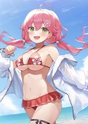 Rule 34 | 1girl, ahoge, alternate costume, beach, bikini, blue sky, blush, breasts, clenched hand, cloud, commentary, cowboy shot, day, facing viewer, floral print, flower, frilled bikini, frills, green eyes, hair between eyes, hair flower, hair ornament, hand up, highres, hololive, jacket, large breasts, long hair, long sleeves, looking ahead, low twintails, mimihachi, navel, ocean, off shoulder, open clothes, open jacket, open mouth, pink hair, print bikini, red bikini, sakura miko, sky, smile, solo, swimsuit, twintails, virtual youtuber, white jacket