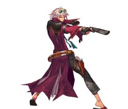 Rule 34 | 00s, 1boy, bullet, dungeon and fighter, gun, gunner (dungeon and fighter), handgun, highres, male focus, pistol, revolver, sandals, simple background, solo, sunglasses, weapon, white background, white hair