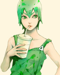 Rule 34 | 1girl, bad id, bad pixiv id, cup, drink, drinking, drinking straw, female focus, foo fighters (jojo), green eyes, green hair, green theme, haato, hand on own hip, jojo no kimyou na bouken, matching hair/eyes, overalls, short hair, solo, stone ocean