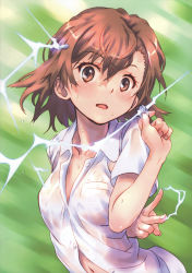 Rule 34 | 1girl, absurdres, blush, brown eyes, brown hair, coin, electricity, electrokinesis, psychic, hair between eyes, hair ornament, hairpin, highres, holding, holding coin, huge filesize, looking at viewer, medium hair, misaka mikoto, navel, open mouth, psychic, raika9, school uniform, see-through, shirt, solo, spiked hair, sweater vest, t-shirt, toaru kagaku no railgun, toaru majutsu no index, utsu no index, wet, wet clothes, wet shirt