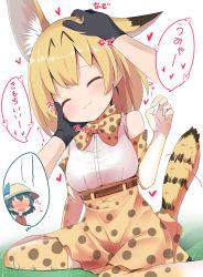 Rule 34 | 10s, 2girls, ^ ^, animal ears, black gloves, black hair, blonde hair, bucket hat, cat day, closed eyes, commentary request, gloves, hand on another&#039;s head, hat, hat feather, headpat, highres, kaban (kemono friends), kemono friends, makuran, multiple girls, safari hat, serval (kemono friends), serval print, shirt, short hair, sleeveless, sleeveless shirt, solo focus, tail, translation request