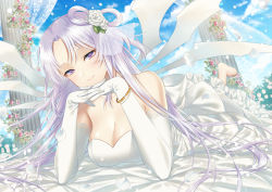 Rule 34 | 1girl, bare shoulders, barefoot, blue sky, bracelet, breasts, cleavage, commission, dress, flower, frills, gloves, highres, infinity symbol, jewelry, kirisita, long hair, looking at viewer, lying, multiple wings, on stomach, one side up, pillar, pixiv commission, purple eyes, ribbon, shinki (touhou), sky, smile, solo, the pose, touhou, touhou (pc-98), wedding, wedding dress, white hair, white wings, wings