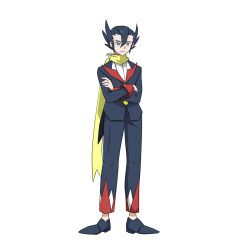 Rule 34 | 1boy, 99akt1031, absurdres, aqua eyes, black footwear, black hair, black jacket, black pants, buttons, closed mouth, commentary request, creatures (company), crossed arms, full body, game freak, grimsley (pokemon), hair between eyes, highres, jacket, long sleeves, looking at viewer, male focus, nintendo, pants, pointy hair, pokemon, pokemon bw, scarf, shirt, shoes, simple background, solo, standing, white background, white shirt, yellow scarf