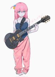Rule 34 | 1girl, bandaid, bandaid on arm, bare shoulders, barefoot, blue eyes, blue one-piece swimsuit, bocchi the rock!, copyright name, crossed bangs, cube hair ornament, electric guitar, feet, full body, gotoh hitori, guitar, hair between eyes, hair ornament, hair over eyes, highres, holding, holding instrument, instrument, long hair, looking at viewer, one-piece swimsuit, one side up, pants, pink hair, pink pants, ryuuforkaf, school swimsuit, simple background, standing, sweatdrop, sweatpants, swimsuit, toes, white background
