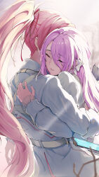 Rule 34 | 2girls, absurdres, character request, closed eyes, commentary request, dress, eyes visible through hair, frilled sleeves, frills, grey dress, hair over one eye, heaven burns red, highres, hug, long hair, long sleeves, marumoru, multiple girls, parted lips, pink hair, ponytail, purple hair, see-through, very long hair
