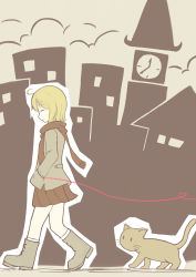 Rule 34 | 1girl, ahoge, blonde hair, boots, cat, clock, clock tower, closed eyes, female focus, flat color, full body, hair ornament, hairclip, hand in pocket, highres, kagamine rin, lino-lin, outdoors, scarf, short hair, skirt, sky, smile, solo, string, string of fate, tower, vocaloid