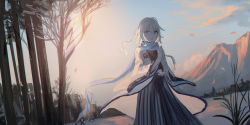 Rule 34 | 1boy, :d, black kimono, blue scarf, blue sky, chihuri, cloud, commentary request, granblue fantasy, grey eyes, hair between eyes, highres, japanese clothes, kimono, long hair, long sleeves, looking at viewer, male focus, mountain, noa (granblue fantasy), open clothes, open mouth, outdoors, own hands together, palms together, scarf, sky, smile, solo, tree, white hair, wide sleeves