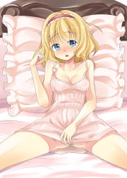 Rule 34 | 1girl, aiba kou, alice margatroid, ass, bed, bed sheet, blonde hair, blue eyes, blush, breasts, camisole, cleavage, clothes pull, collarbone, covered erect nipples, dress pull, female focus, frilled pillow, frills, hairband, lingerie, lying, medium breasts, negligee, no panties, on back, open mouth, pillow, short hair, solo, spread legs, touhou, underwear
