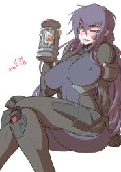Rule 34 | 1girl, beatrix bremer, beer mug, black hair, blush, bodysuit, breasts, cleavage, covered erect nipples, covered navel, cup, dated, eyelashes, fortified suit, large breasts, lips, long hair, looking at viewer, mikoyan, mug, muv-luv, muv-luv alternative, parted lips, pilot suit, red eyes, schwarzesmarken, simple background, sitting, skin tight, smile, solo, teeth, very long hair, white background