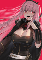 Rule 34 | 1girl, :d, akagi kurage, arm guards, belt, black cape, black nails, blunt bangs, blush, breasts, cape, cleavage, finger to mouth, highres, hololive, hololive english, impossible clothes, large breasts, long hair, looking at viewer, mori calliope, nail polish, open mouth, pink background, pink hair, red eyes, see-through, simple background, smile, solo, spikes, straight hair, tiara, upper body, very long hair, virtual youtuber