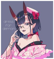 Rule 34 | 1girl, adjusting eyewear, angellyuna, bare shoulders, bracelet, breasts, choker, collarbone, dress for demons, earrings, eyeliner, fate/grand order, fate (series), floral print, glasses, grey background, hair ornament, hairclip, hat, horn ornament, horn ring, horns, japanese clothes, jewelry, kimono, long sleeves, looking at viewer, makeup, off shoulder, open mouth, pink hat, pink kimono, ring, round eyewear, shuten douji (dress for demons) (fate), shuten douji (fate), simple background, slit pupils, small breasts, smile, wide sleeves