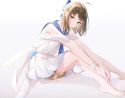 Rule 34 | 1girl, ahoge, amaroku neko, animal print, armpit crease, barefoot, blue bow, blue neckerchief, blue sailor collar, blush, bow, breasts, brown hair, brown shorts, character request, closed mouth, collarbone, commentary, copyright request, doge, dress, eyelashes, feet, frilled shorts, frills, full body, green eyes, grey background, hair bow, hair ribbon, hands on own legs, highres, knees up, leaning forward, legs, long legs, looking at viewer, medium breasts, medium hair, neckerchief, pleated dress, ribbon, sailor collar, sash, shadow, short dress, shorts, shorts under dress, sidelocks, sitting, sleeve cuffs, solo, swept bangs, symbol-only commentary, toenails, toes, white dress, white sash