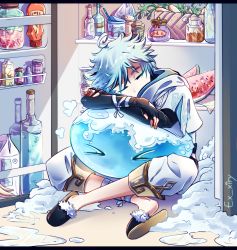 Rule 34 | 1boy, alcohol, bad id, bad pixiv id, blue hair, bottle, chinese clothes, chongyun (genshin impact), colored skin, commentary, crossed arms, crossed legs, english commentary, ex xiry, food, fruit, genshin impact, highres, ice, indoors, kitchen, light blue hair, liquor, male focus, monster, refrigerator, shaved ice, short hair, sleeping, slime (creature), slime (substance), slippers, snow, watermelon