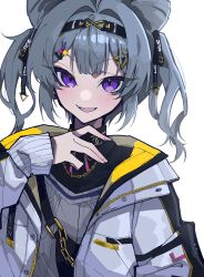 Rule 34 | 1girl, absurdres, blue hair, chain, highres, jacket, long sleeves, looking at viewer, mentally deficient, nijisanji, nijisanji en, open clothes, open jacket, open mouth, purple eyes, simple background, sleeves past wrists, smile, solo, teeth, upper body, upper teeth only, virtual youtuber, white background, zaion lanza
