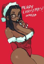 Rule 34 | 1girl, absurdres, bare shoulders, black hair, breasts, candy, candy cane, cleavage, cowboy shot, dark-skinned female, dark skin, food, freckles, fur trim, gigi (whoopsatro), glasses, hat, highres, large breasts, leotard, long hair, merry christmas, original, red background, red hat, red leotard, santa hat, signature, simple background, solo, whoopsatro